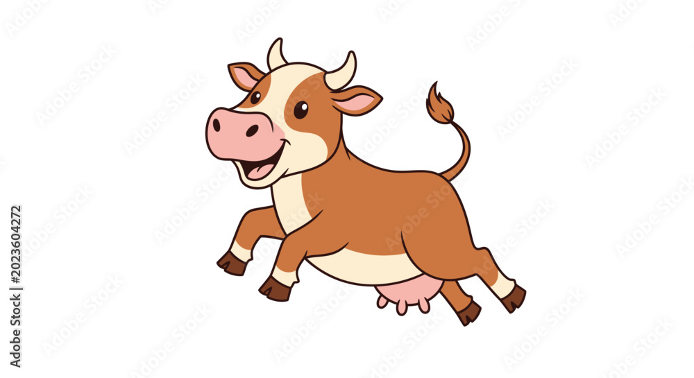 Fototapeta premium Cartoon Brown Cow Running Freely Outdoors.