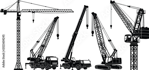 Tableau sur toile Construction Crane and Mobile Crane Silhouette Vector Set Featuring Tower, Truck