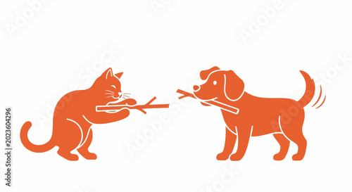 Tableau sur toile Cat and dog playing with stick.