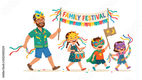 Tableau sur toile Family Festival Parade: A father and his three children, adorned in colorful masks and costumes, joyfully march in a parade, celebrating a vibrant family festival under a banner proclaiming the event