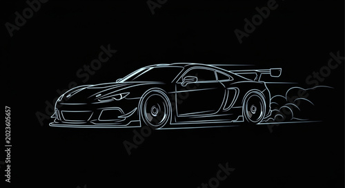 Quadro su tela Sleek Sports Car Silhouette on Black Background.