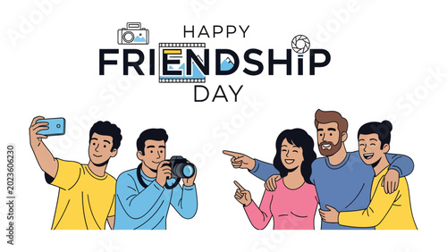 Foto Happy Friendship Day: A group of friends celebrates Friendship Day by taking selfies and photos, capturing joyful moments of togetherness and connection