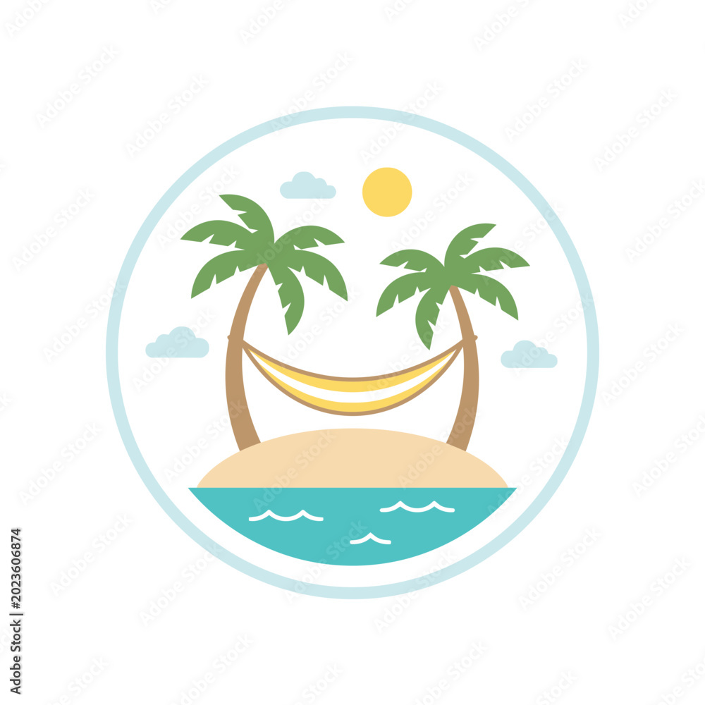 Fototapeta premium Tropical island scene with hammock between palm trees