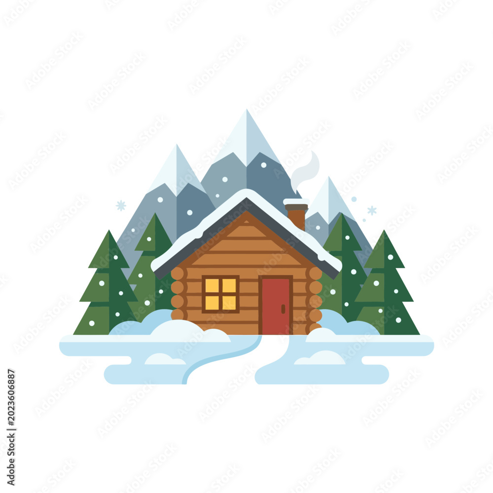 Naklejka premium A cozy wooden cabin nestled in snowy winter mountains and forest