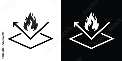 Photos Fire resistant material vector icon depicting a detailed flame reflecting off a protective surface layer with an arrow, shown in black and white graphic styles
