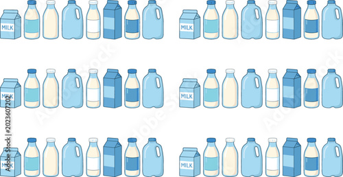 Fényképezés Milk bottles and carton packaging vector illustration set with various container sizes plastic jugs and glass bottles for dairy product marketing design