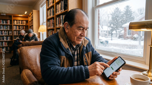 Senior man using smart hearing aid connected to smartphone app, modern assistive hearing technology, digital audiology, accessibility device concept