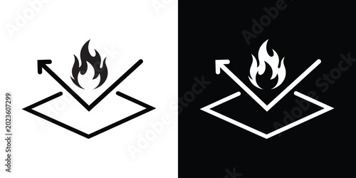 Fire resistant material vector icon depicting a detailed flame reflecting off a protective surface layer with an arrow, shown in black and white graphic styles.