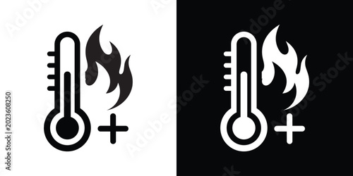 High temperature and heat warning vector icon showing a thermometer next to a flame and a plus sign, available in stark black and white flat designs.