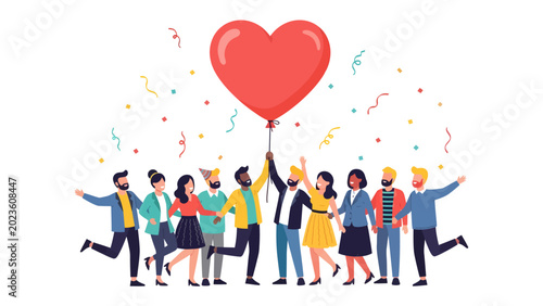 Slika na platnu A Unified Heartbeat: A vibrant group of diverse individuals celebrates together, holding a giant red heart balloon aloft amidst a shower of confetti, symbolizing unity and collective joy