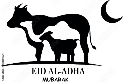 Fotografija Cow and lamb silhouettes with crescent moon eid al adha mubarak text
