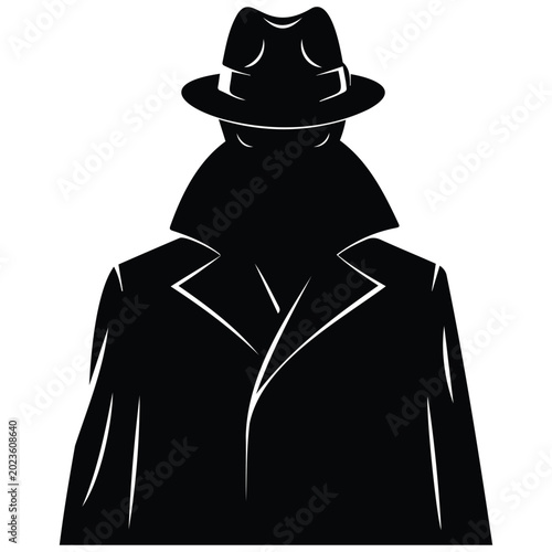 Foto Detective wearing trench coat and fedora hat, vector silhouette illustration line art