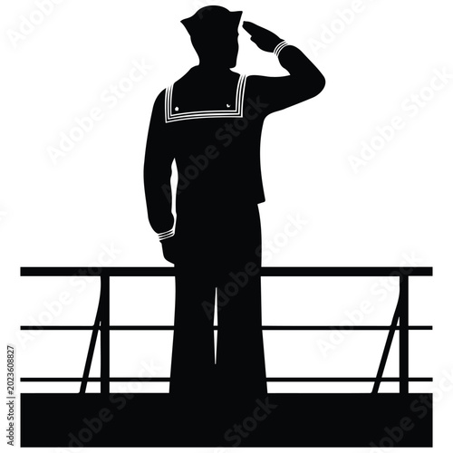 Sailor saluting vector silhouette illustration of navy man standing on ship deck line art.