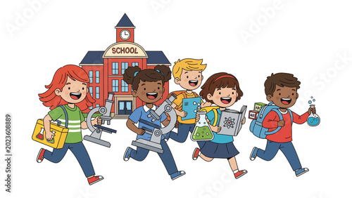 Bild auf Leinwand Young Scientists Eager for Discovery: A group of enthusiastic diverse children, carrying scientific equipment like microscopes and flasks, rush excitedly towards a school building