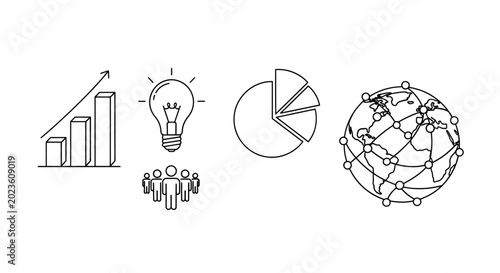 Business icons: growth, idea, team, analytics, global network