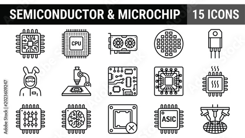 Foto Semiconductor and microchip technology icons set