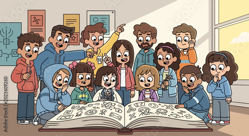 Diverse group of children gathered around a book with drawings.