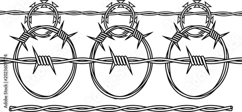 Obraz na płótnie Barbed wire and thorn crown collection with security and restriction symbols vec