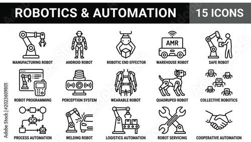 Robotics and Automation Icons: Manufacturing, Warehouse, Robotic Arm, Dog, and Humanoid Robots