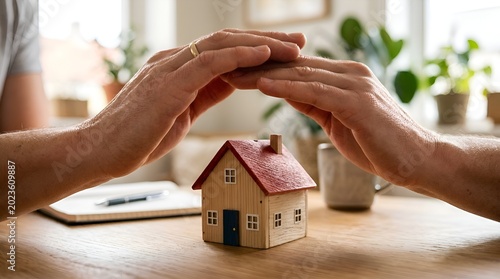 Hands protecting miniature house, home insurance, security concept.