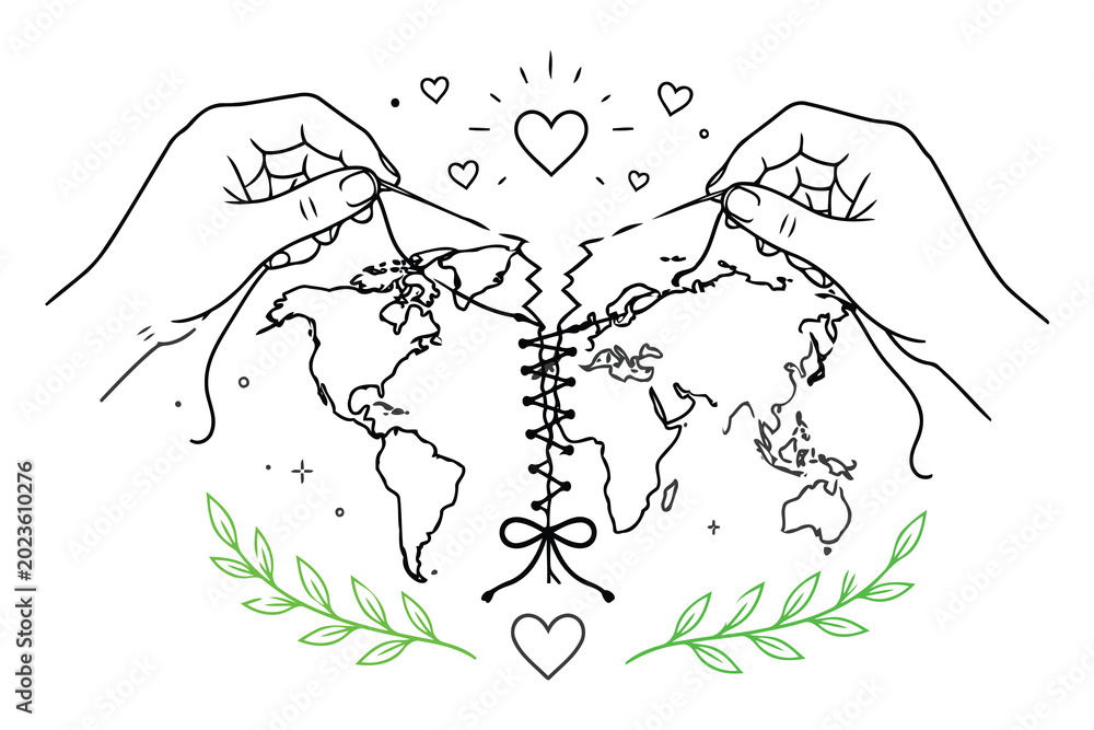 Fototapeta premium Two hands holding stitched world maps with hearts illustration Vector