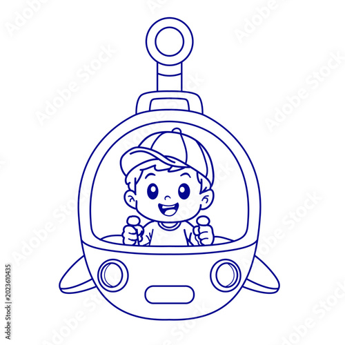 Cute boy driving a submarine underwater coloring page for kids outline vector illustration