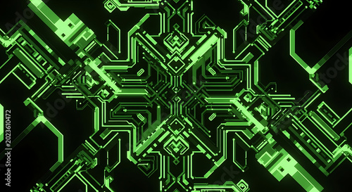 Abstract circuit board pattern glowing green lines on dark background