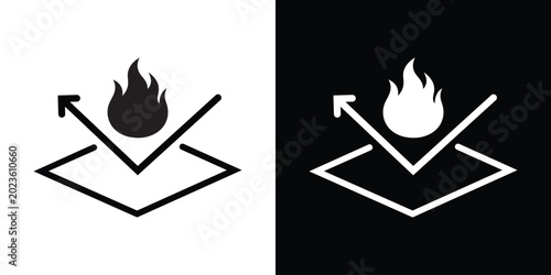 Photos Fire resistant material vector icon depicting a detailed flame reflecting off a protective surface layer with an arrow, shown in black and white graphic styles