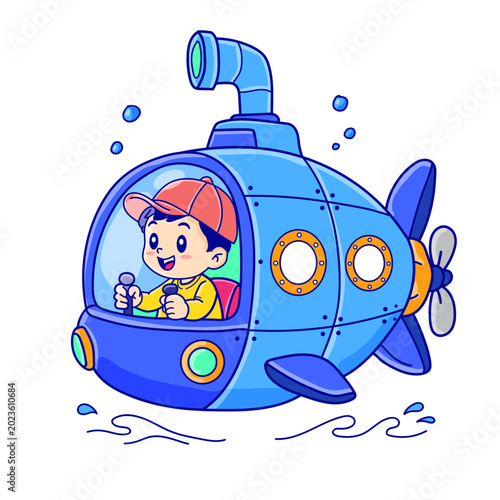 Cute Boy Riding Blue Submarine Cartoon Vector Illustration for Kids