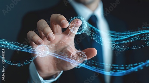 businessman hand touching digital world map background