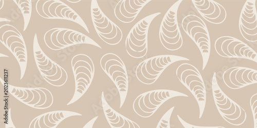 Abstract seamless pattern with stylized leaves or feathers in neutral colors.