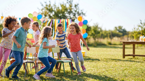 Kids joyfully playing musical chairs outdoors on a sunny day, surrounded by colorful balloons and festive decorations, vibrant and lively atmosphere