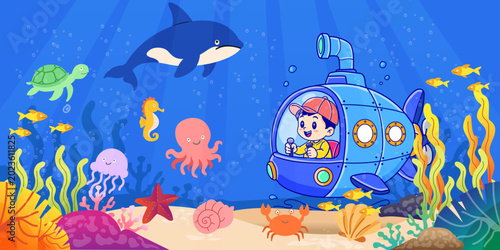 Kids Exploring Ocean in Submarine with Cute Marine Animals Cartoon Background