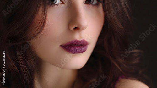 A close up portrait emphasizing rich purple lip color and soft facial features for a luxurious and sensual mood
