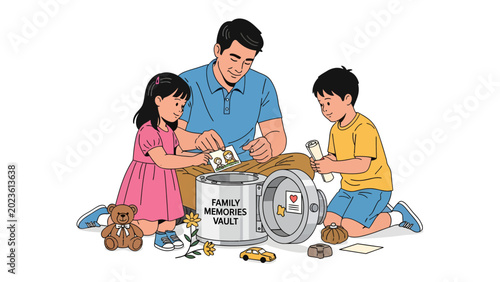 Canvastavla Family Memories Vault: A father and his two children joyfully place mementos into a secure Family Memories Vault, cherishing their shared history and building a legacy of love