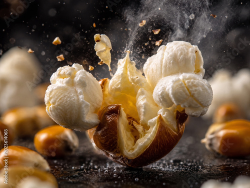 Exploding Popcorn Kernel with Fluffy White Texture and Flying Crumbs in Dramatic Slow Motion Food Photography