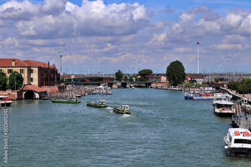 Grand Canal along railways viewed from Ponte della Costituzione (Constitution Bridge) in Venice, Italy
