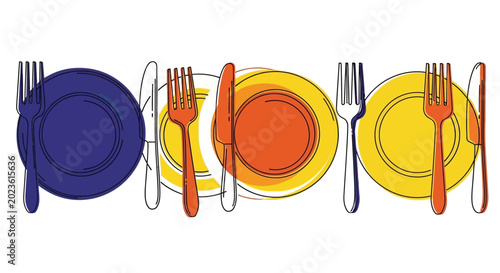 Abstract colorful table setting with plates, forks and knives.