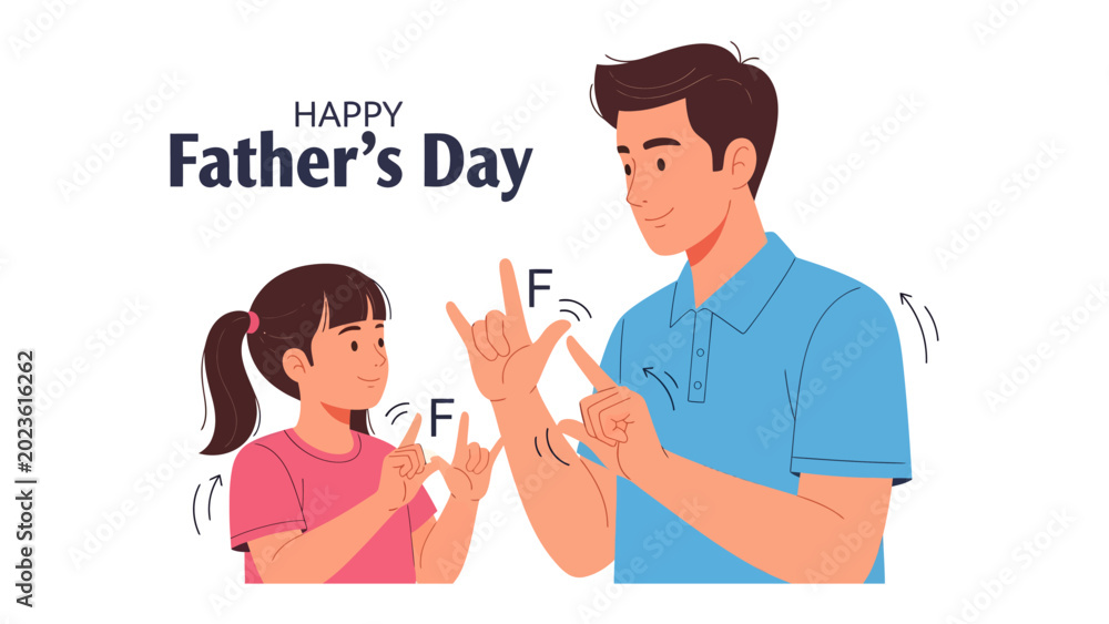 Fototapeta premium Happy Father's Day: A father and daughter communicate using sign language, sharing a special moment on Father's Day. The illustration depicts the F sign, symbolizing a heartfelt connection and love.