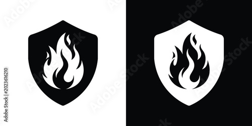 Fotografie Fire safety icon showcasing a prominent protective shield emblem with an inner flame graphic, available in solid black and white minimalist variations