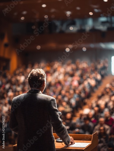 Professional Male Speaker at a Wooden Podium with a Microphone Addressing a Large Audience in a Seminar Hall
