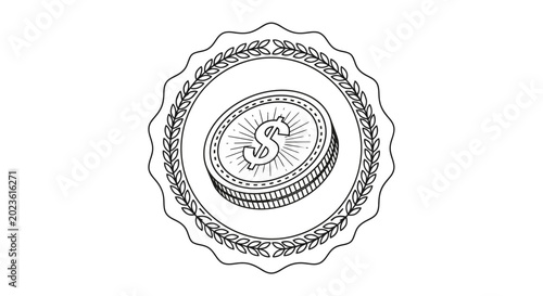 Hand drawn dollar coin icon in a laurel wreath badge