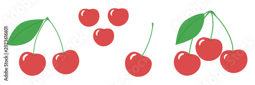Φωτογραφία Red cherry fruit vector clip art set, isolated cherries with leaf and stems on white background