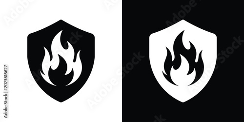 Fotografie Fire safety icon showcasing a prominent protective shield emblem with an inner flame graphic, available in solid black and white minimalist variations
