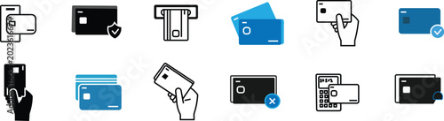 Φωτογραφία Credit Card and Payment Icon Set: Vector elements showcasing ATM transactions, contactless payments, secure chip cards, POS terminals, and mobile banking graphics