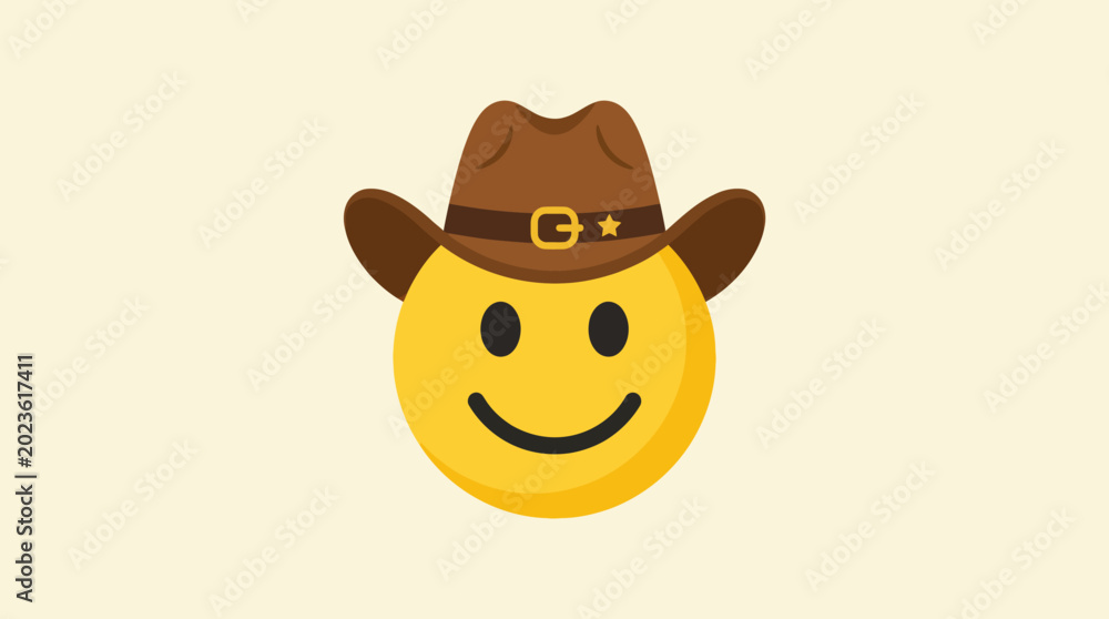 Naklejka premium Happy Cowboy Emoji Wearing a Brown Hat on a Light Yellow Background