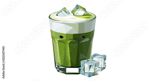 Geometric illustration of a refreshing matcha latte in a faceted glass with ice cubes, set against a white background