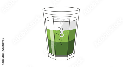 Illustration of a vibrant matcha latte in a clear glass, showcasing layers of frothy cream and rich green tea, set against a minimalist white background