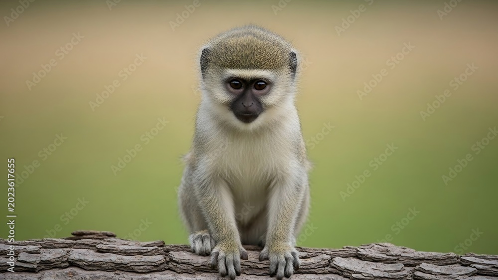 Fototapeta premium Monkey sitting on a stone wall.