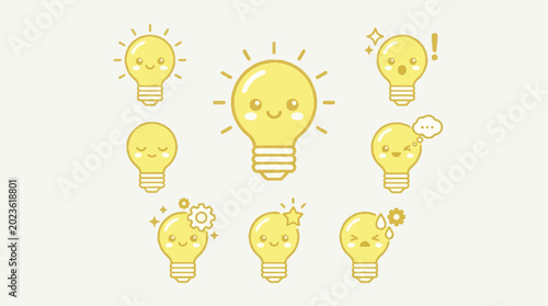 Set of cute kawaii light bulb characters with various expressions.